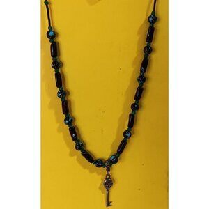 Handmade Womens Turquoise Black Necklace Skeleton Key Skull Glass Beads
